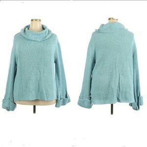Lane Bryant Cable Knit Draped Cowl Cuffed Bell Sleeve Turquoise Sweater Sz 18/20